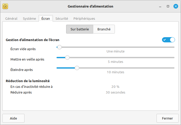 XFCE - Gestionnaire d'alimentation - écran - pc portable