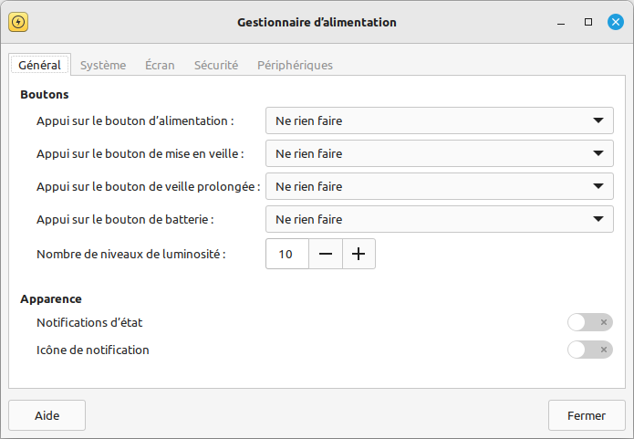 XFCE - Gestionnaire d'alimentation - Général
