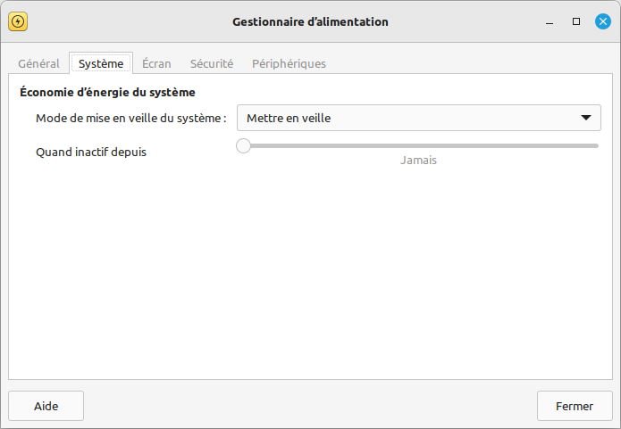 Linux Mint XFCE - Gestionnaire d'alimentation - système - pc bureau