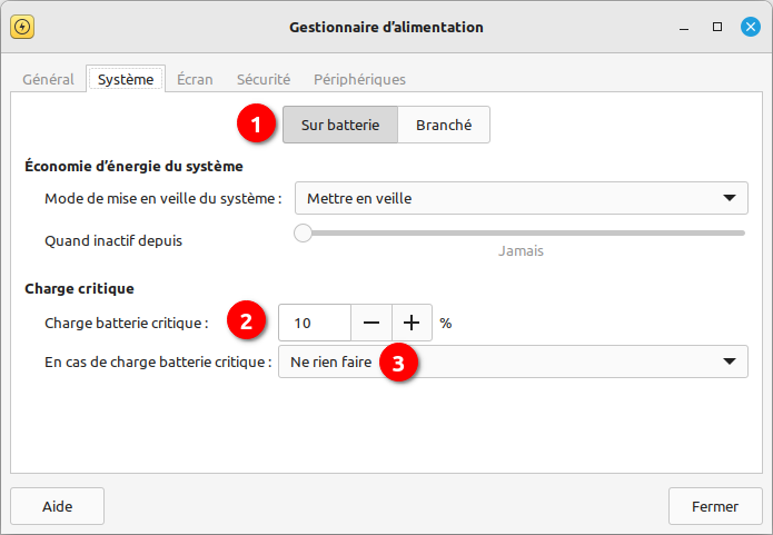 XFCE - Gestionnaire d'alimentation - système - pc portable