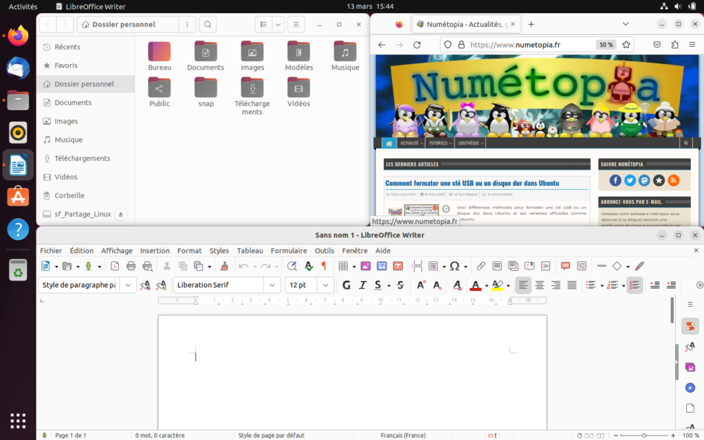 Exemple de tuilage rapide de fenêtres dans GNOME avec l'extension Tiling Assistant