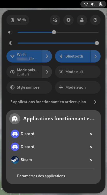 Fedora 38 - menu quick settings