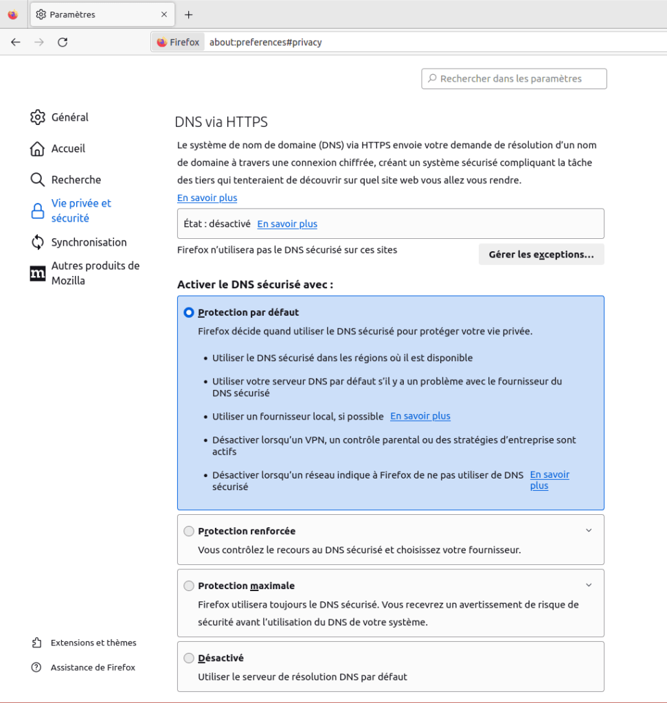 Préférences DNS over HTTPS