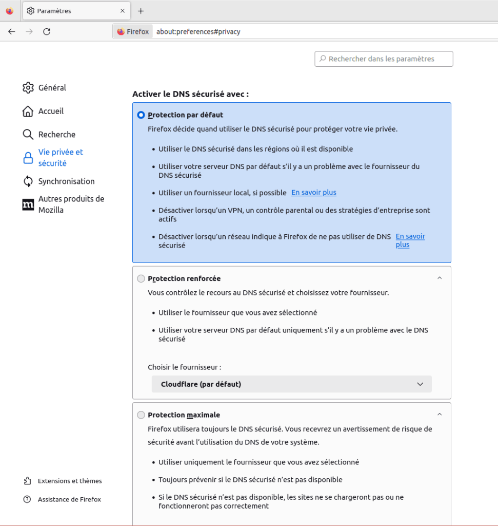 Préférences DNS over HTTPS