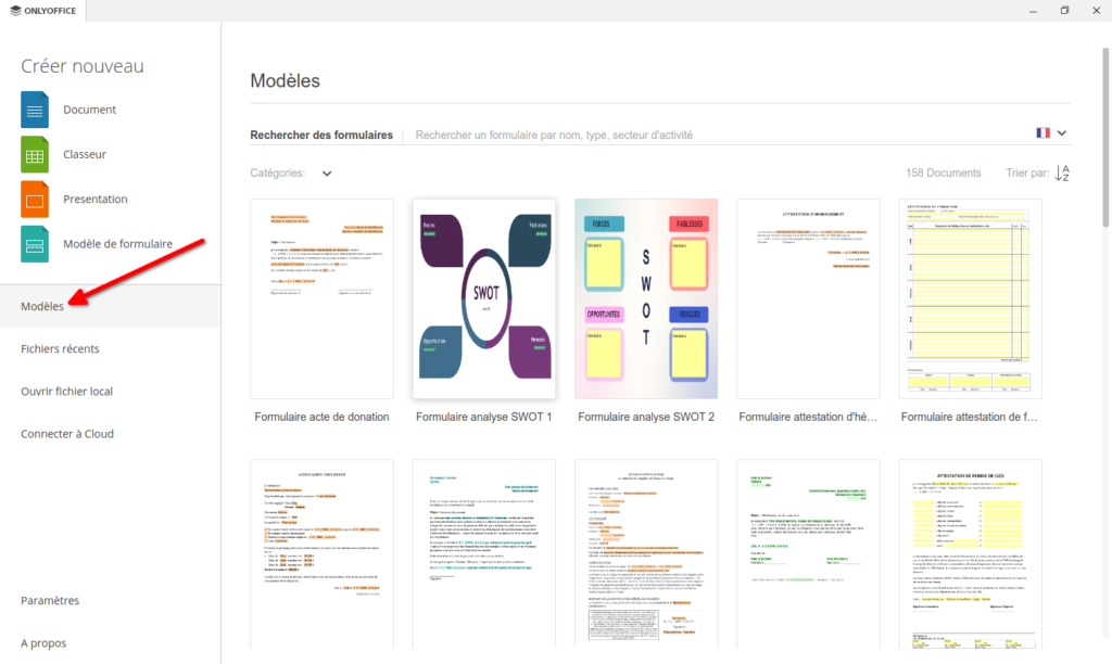 OnlyOffice 7.4 - Accès modèles de formulaire