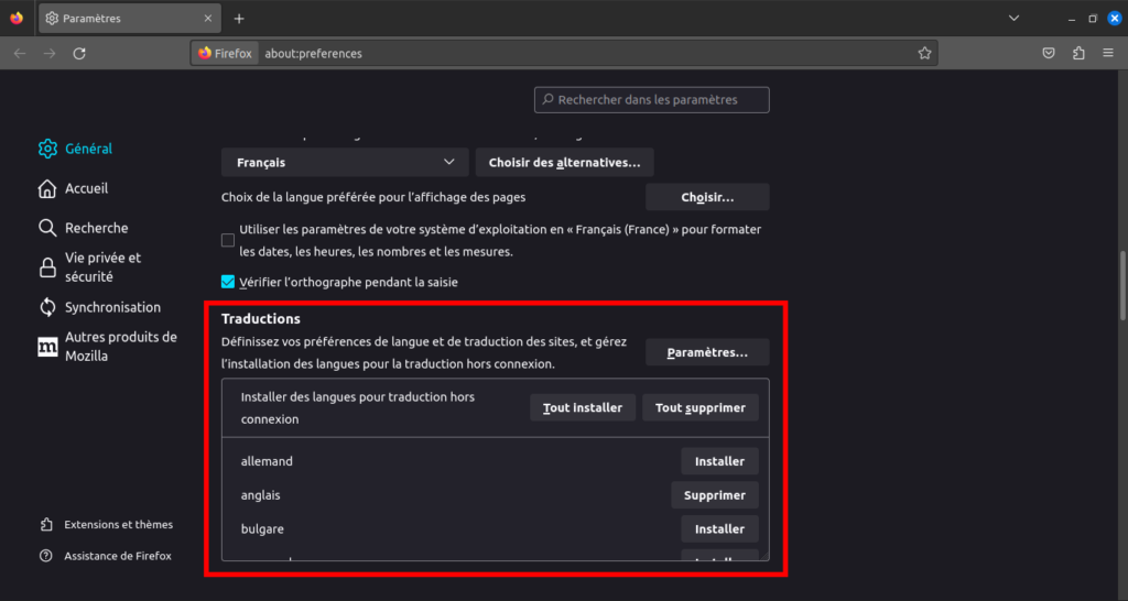 Firefox 118 - Paramètres traduction