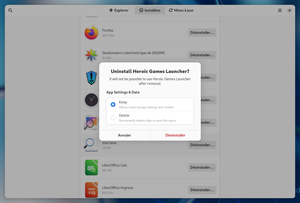 GNOME Software 45 - suppression données flatpak