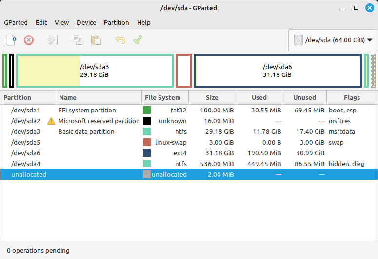 Gparted avec partitions pour installer Windows/LMDE 6 en DualBoot 