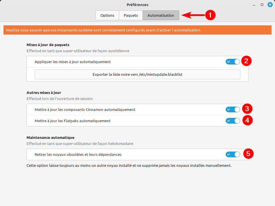 LMDE 6 - préférences de mises à jour automatiques
