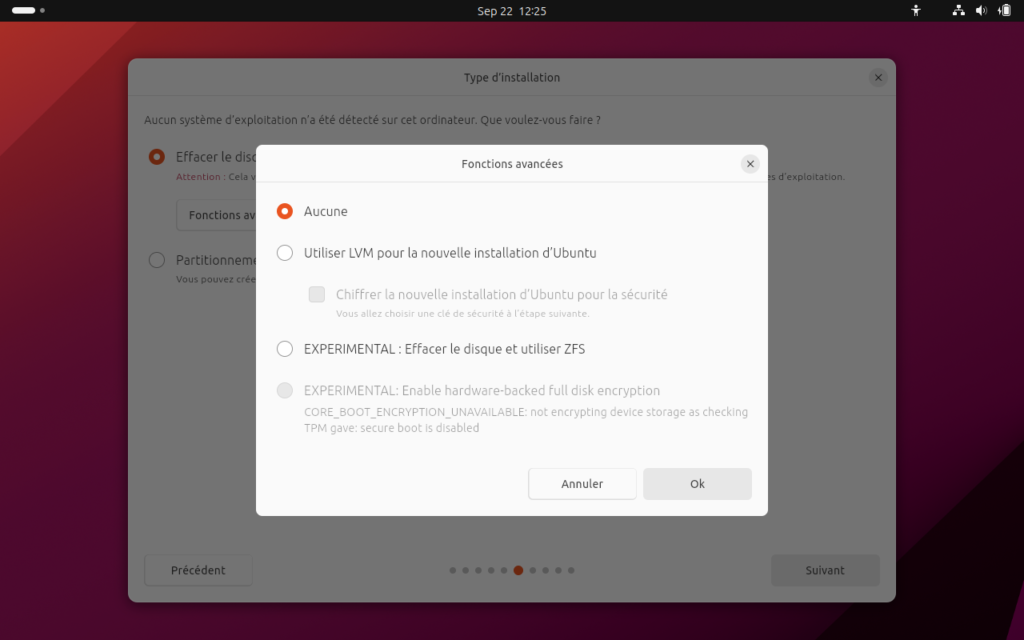 Ubuntu 23.10 - type installation - fonctions avancées