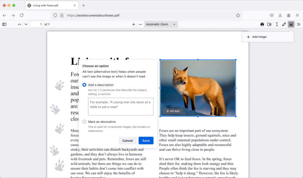 Lecteur PDF annoté avec image et texte alternatif