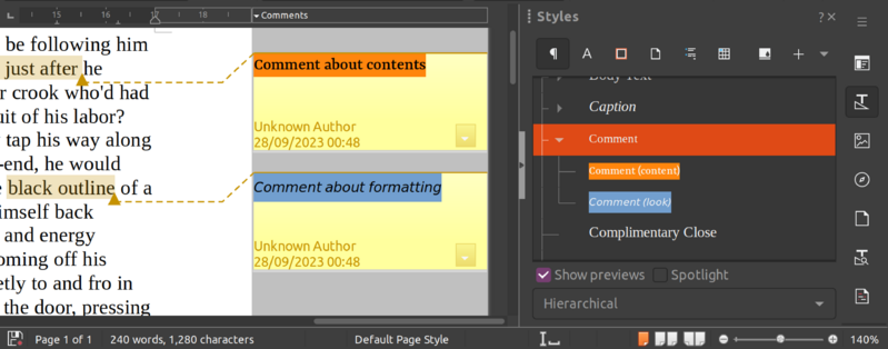 LibreOffice 24.2 - commentaires avec styles différents