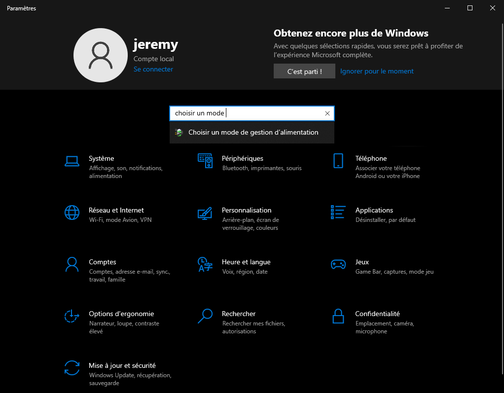 Recherche paramètres mode de gestion alimentation Windows 10