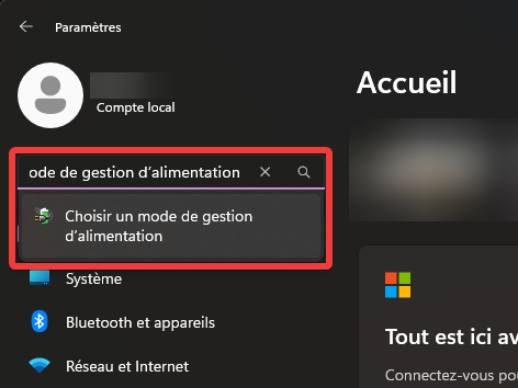 Recherche paramètres mode de gestion alimentation Windows 11