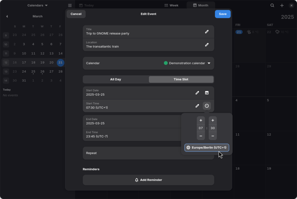 Gnome 48 - calendar screenshot dark