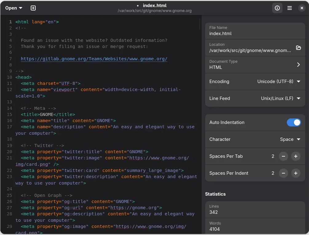 Gnome 48 - textedit dark screenshot
