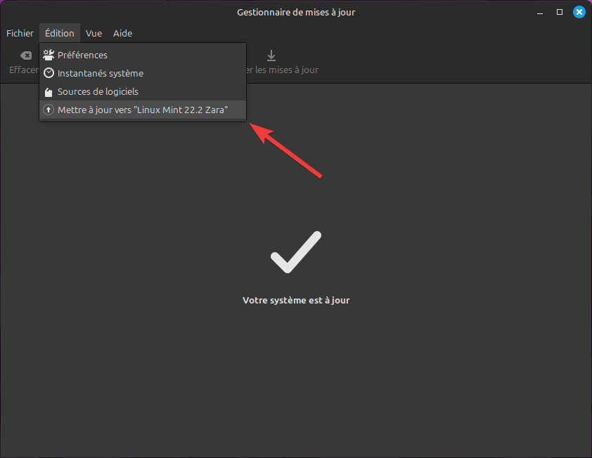 Accès pour lancer la mise à niveau vers Linux Mint 22.2