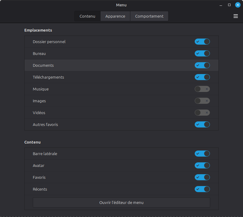 Linux Mint 22.3 - Cinnamon 6.6 - nouveau menu - Préférences Contenu